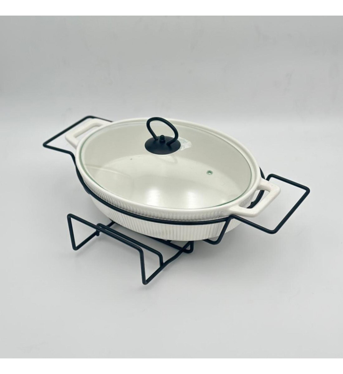 سخان بوفية صحن تقديم سيراميك لتسخين الطعام مزود بغطاء بتصميم فريد30سم 