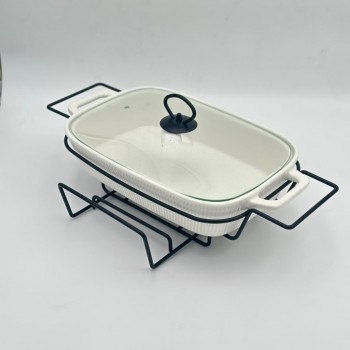 سخان بوفية صحن تقديم سيراميك لتسخين الطعام مزود بغطاء بتصميم فريد32سم 