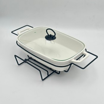 سخان بوفية صحن تقديم سيراميك لتسخين الطعام مزود بغطاء بتصميم فريد32سم 