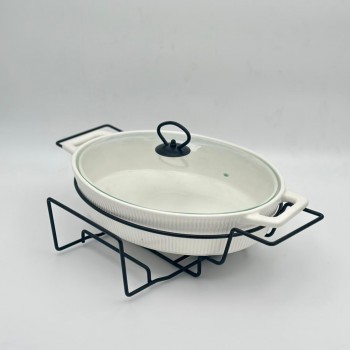 سخان بوفية صحن تقديم سيراميك لتسخين الطعام مزود بغطاء بتصميم فريد32سم 