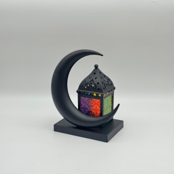 فانوس ديكوري أنيق بتصميم هلالي راقٍ يجمع بين الطابع الرمضاني الكلاسيكي واللمسة العصرية لون اسود 25×18×12سم 