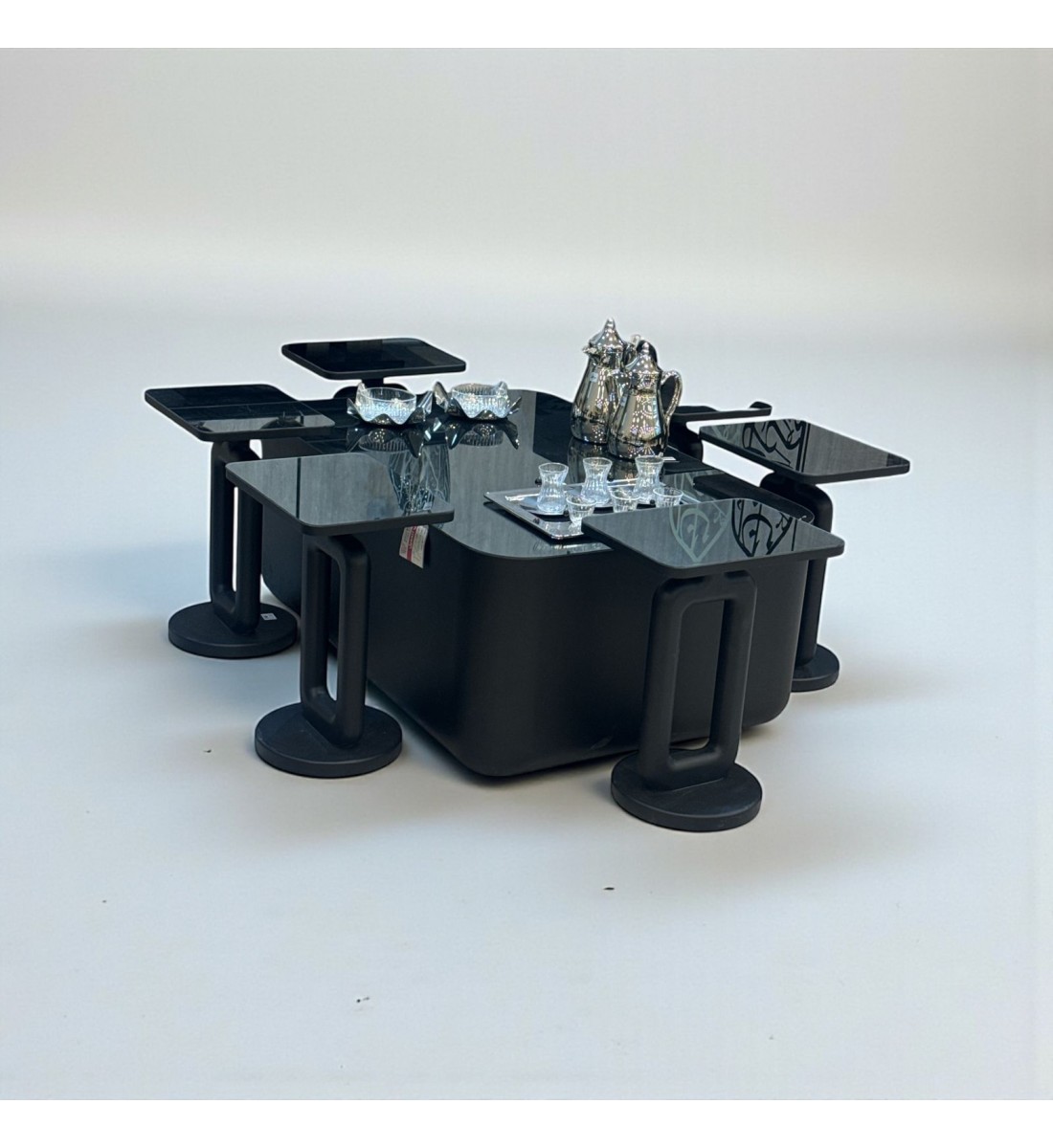 طقم طاولة قهوة بسطح زجاج 7قطع اسود (منتج تفصيل )