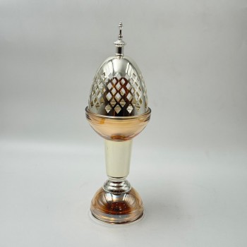 مبخرة ديكورية أنيقة بتصميم فاخر يجمع بين المعدن اللامع والزجاج بلون عنبري جذاب34×10×10سم 
