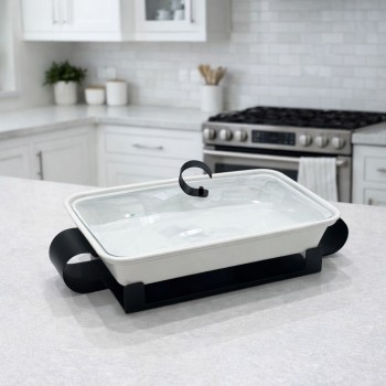 سخان بوفية صحن تقديم سيراميك لتسخين الطعام مزود بغطاء بتصميم فري34×23×10سم 