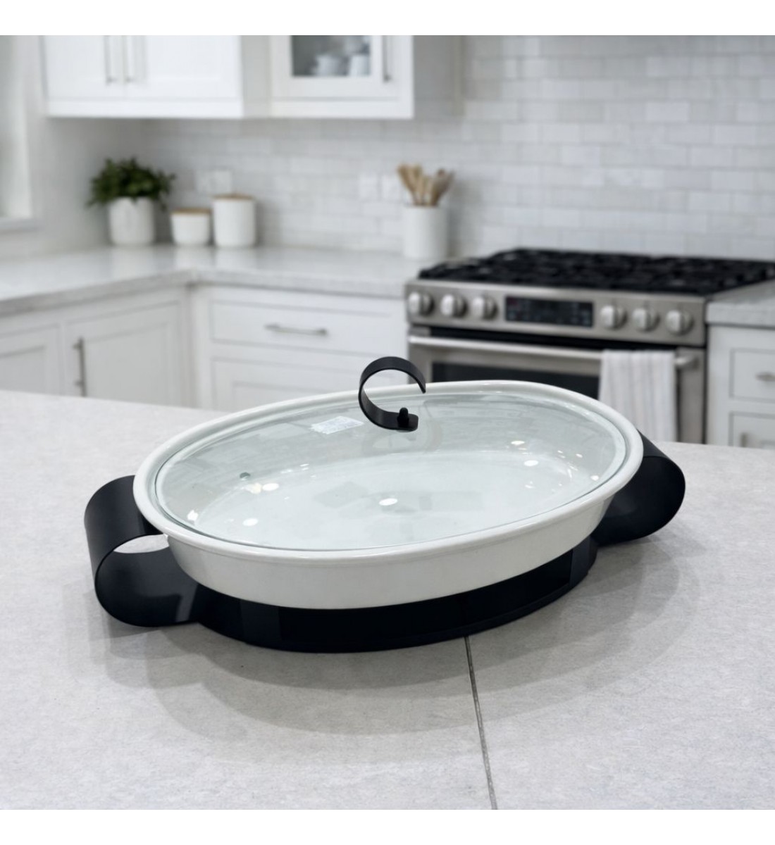 سخان بوفية صحن تقديم سيراميك لتسخين الطعام مزود بغطاء بتصميم فريد 37×26×10سم 