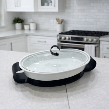 سخان بوفية صحن تقديم سيراميك لتسخين الطعام مزود بغطاء بتصميم فريد 37×26×10سم 