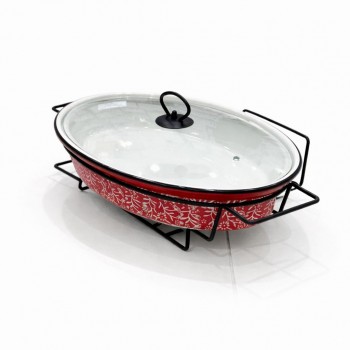 سخان بوفية صحن تقديم سيراميك لتسخين الطعام مزود بغطاء بتصميم فريد 37×25×11سم 