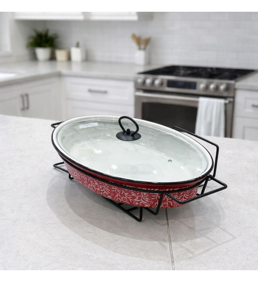 سخان بوفية صحن تقديم سيراميك لتسخين الطعام مزود بغطاء بتصميم فريد 37×25×11سم سخان بوفية صحن تقديم سيراميك لتسخين الطعام مزود بغطاء بتصميم فريد 37×25×11سم