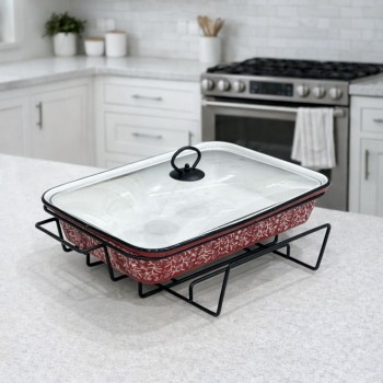سخان بوفية صحن تقديم سيراميك لتسخين الطعام مزود بغطاء بتصميم فريد33×23×11سم 