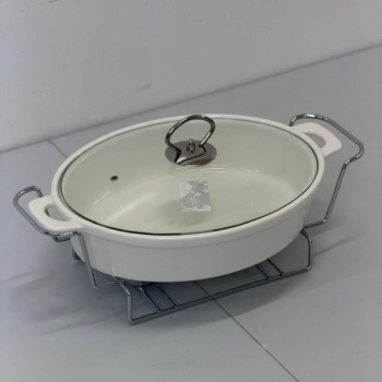 سخان بوفية صحن تقديم سيراميك لتسخين الطعام مزود بغطاء بتصميم فريد 22×10×18سم 