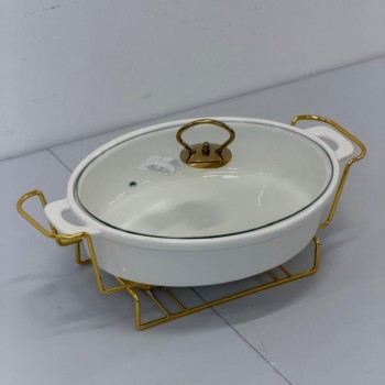 سخان بوفية صحن تقديم سيراميك لتسخين الطعام مزود بغطاء بتصميم فريد28×23×10سم 