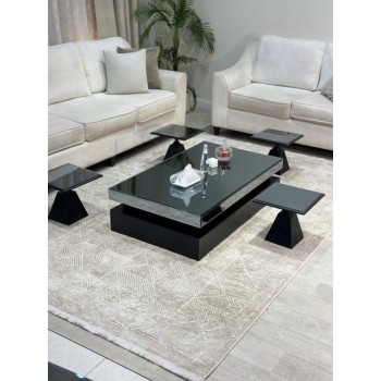  طقم طاولات ضيافة أرضية بسطح مرايا و4 طاولات خدمة باللون الاسود.  (منتج تفصيل )