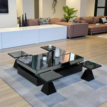  طقم طاولات ضيافة أرضية بسطح مرايا و4 طاولات خدمة باللون الاسود.  (منتج تفصيل )