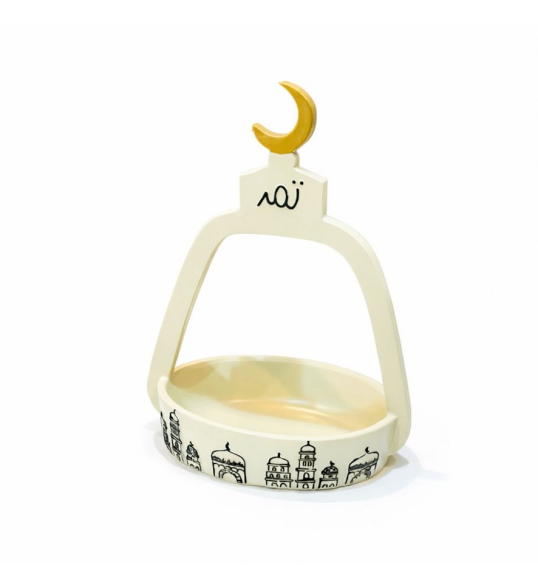 سلة ديكورية رمضانية بتصميم أنيق على شكل قوس، مصنوعة من خامة متينة باللون العاجي، ومزينة بهلال 17×11×25سم سلة ديكورية رمضانية بتصميم أنيق على شكل قوس، مصنوعة من خامة متينة باللون العاجي، ومزينة بهلال 17×11×25سم