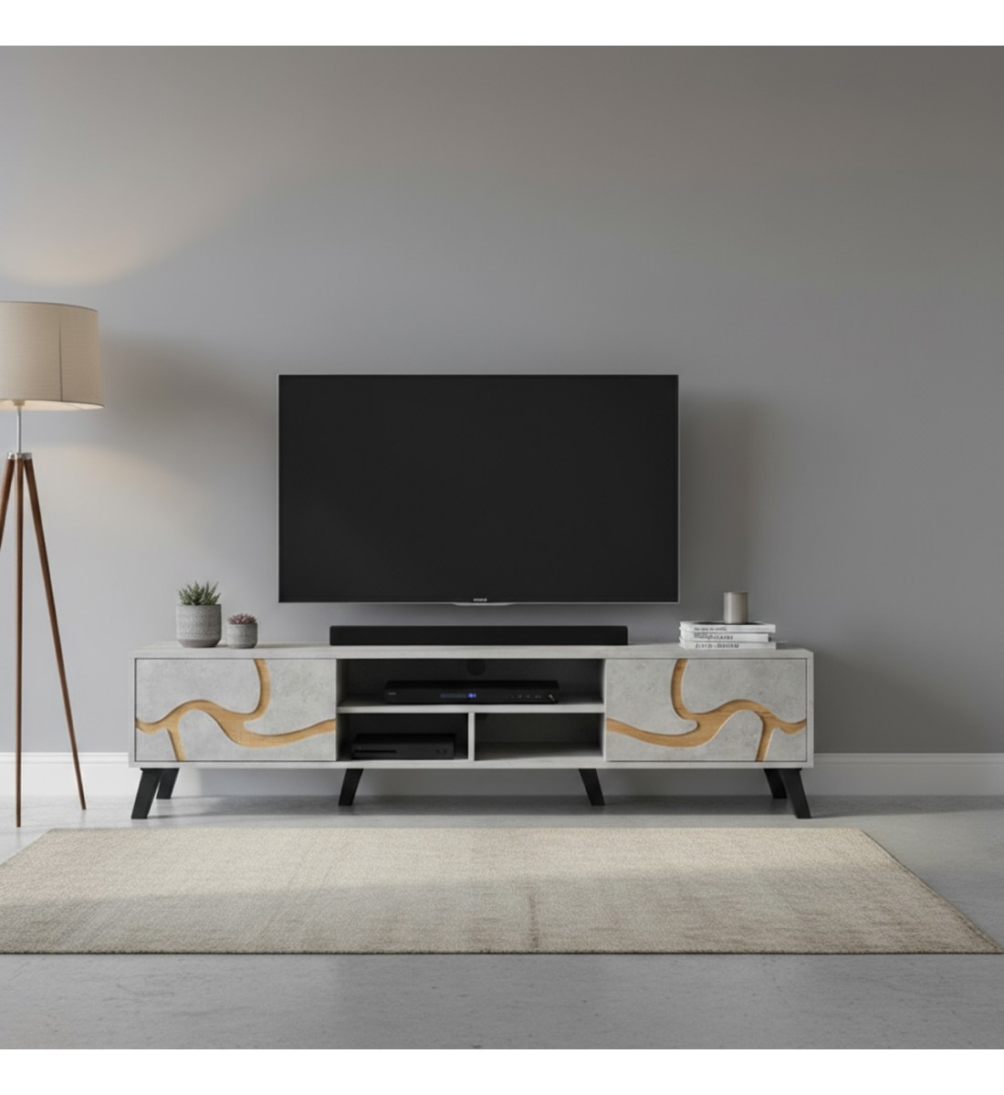 طاولة تلفزيون خشب ماليزي 180 سم - رمادي فاتح وخشبي طاولة تلفزيون خشب ماليزي 180 سم - رمادي فاتح وخشبي