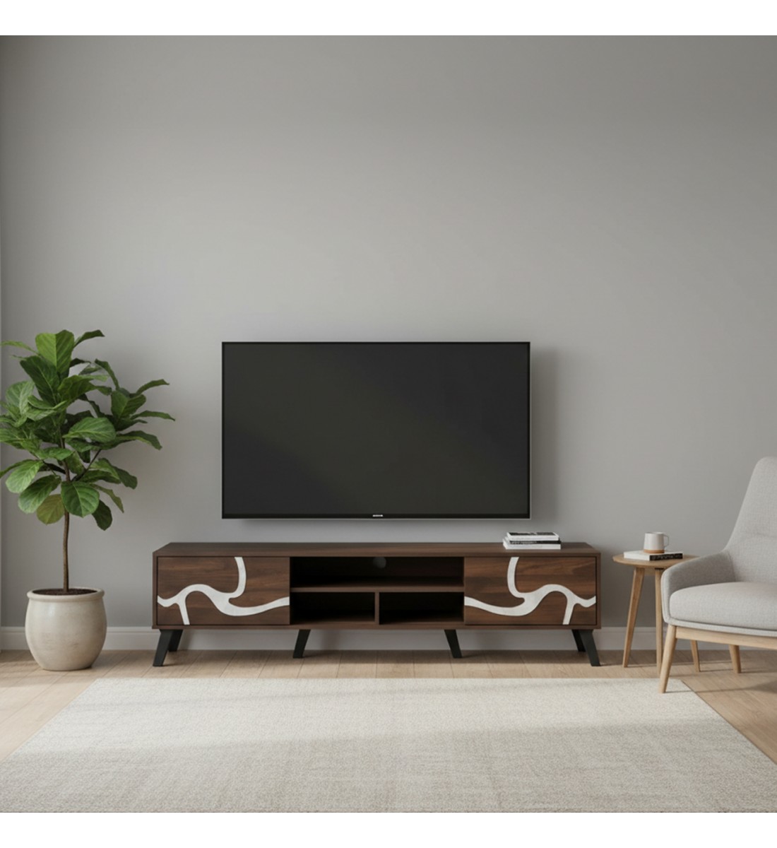 طاولة تلفزيون خشب ماليزي 180 سم - بني غامق ورصاصي