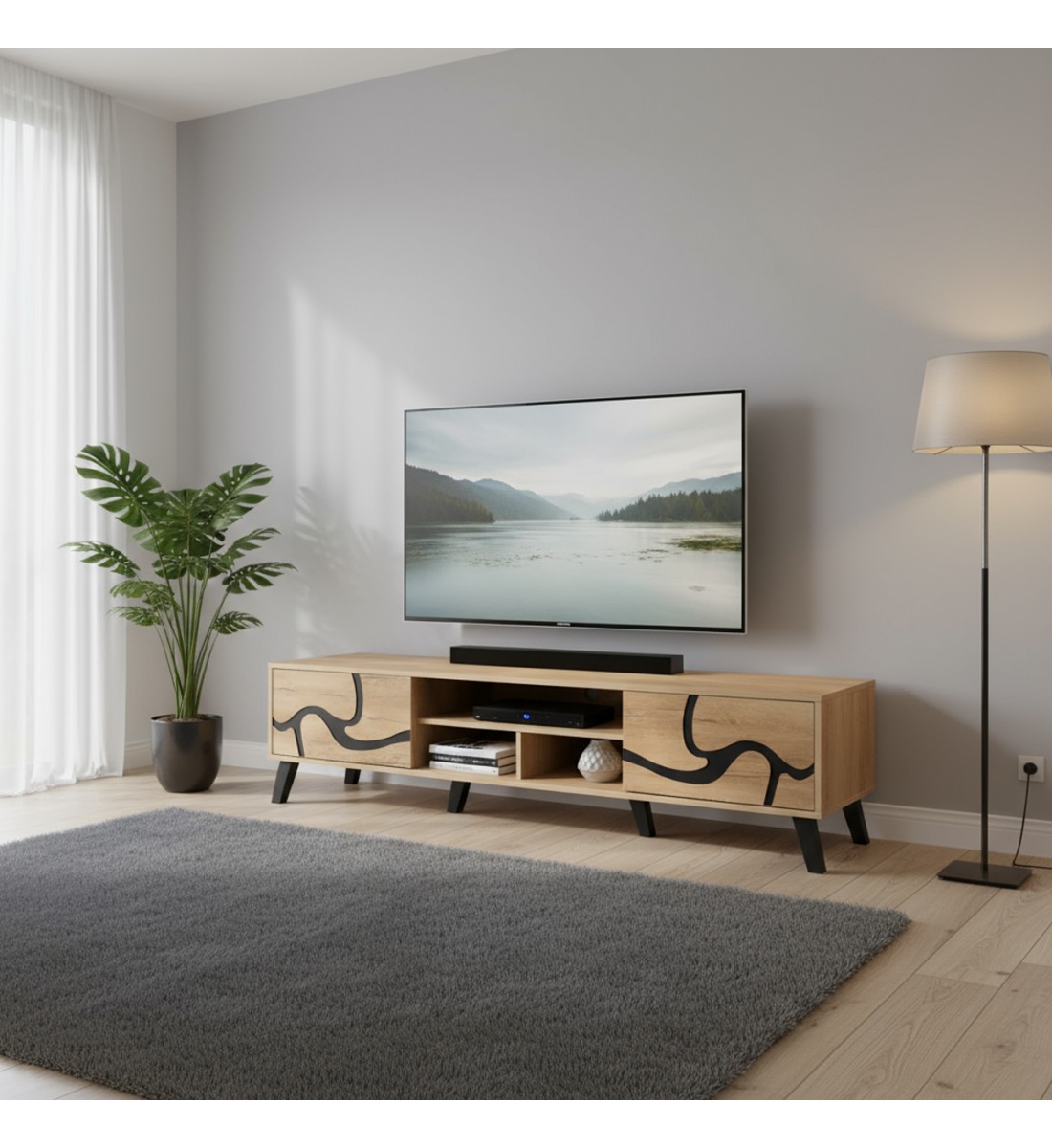 طاولة تلفزيون خشب ماليزي 180 سم - بيج واسود طاولة تلفزيون خشب ماليزي 180 سم - بيج واسود