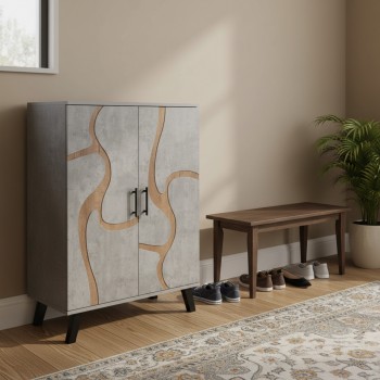 خزانة احذية بابين خشب ماليزي 5 أدوار - رمادي فاتح وخشبي