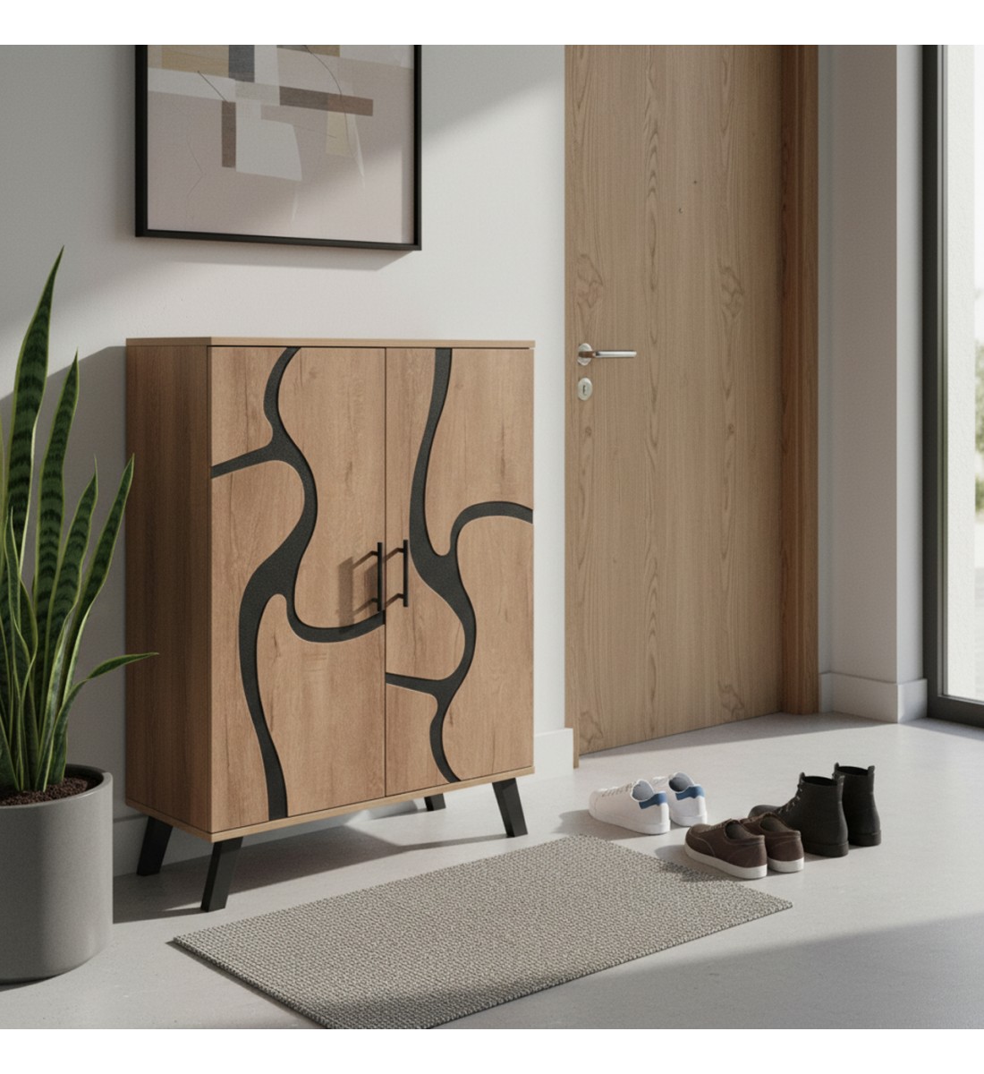 خزانة احذية بابين خشب ماليزي 5 أدوار - بيج واسود خزانة احذية بابين خشب ماليزي 5 أدوار - بيج واسود