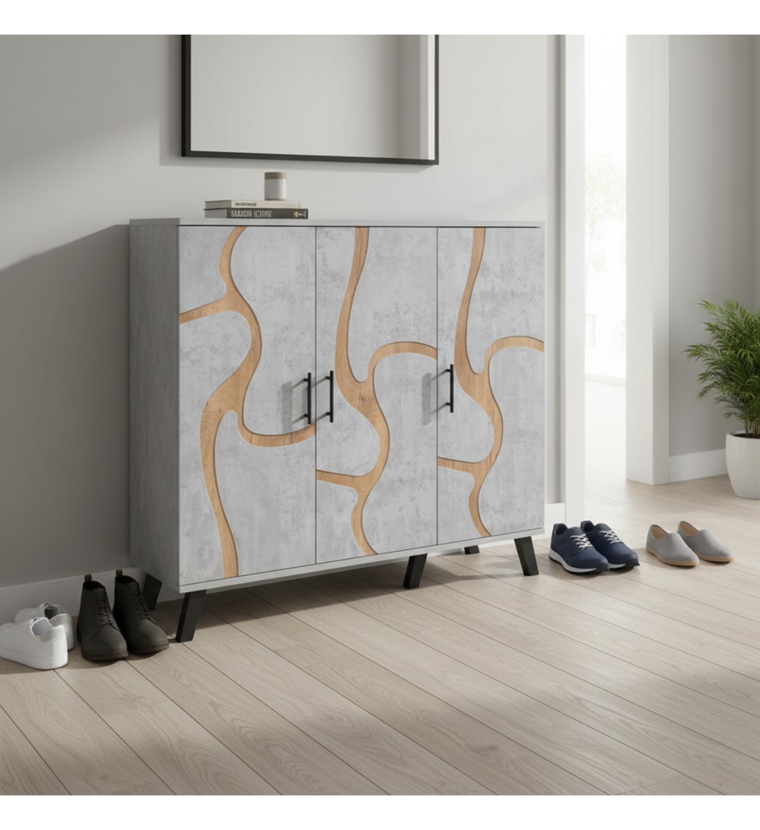 دولاب احذية 3 درفات خشب ماليزي 5 أدوار - رمادي فاتح وخشبي