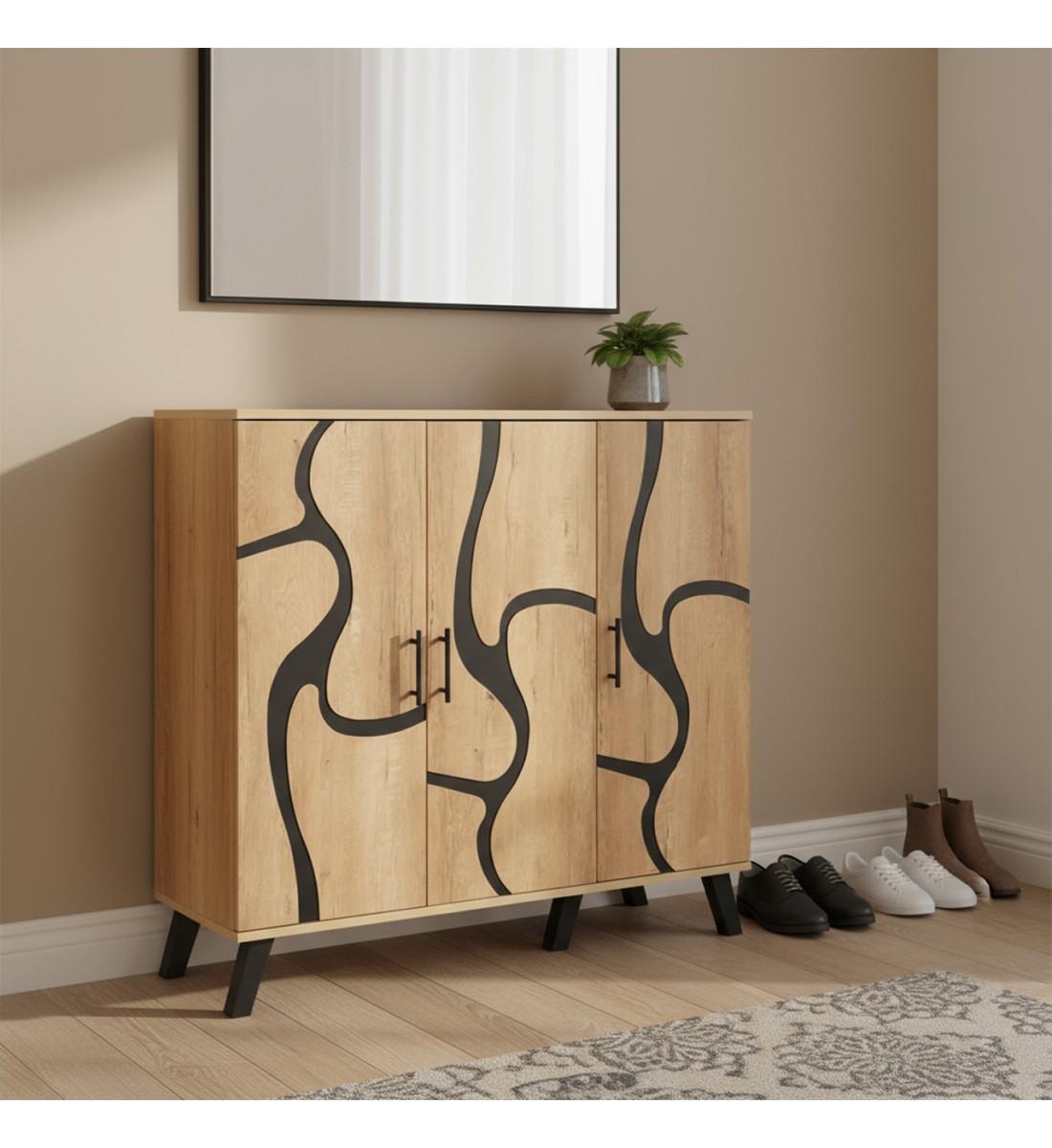 دولاب احذية 3 درفات خشب ماليزي 5 أدوار - بيج واسود دولاب احذية 3 درفات خشب ماليزي 5 أدوار - بيج واسود