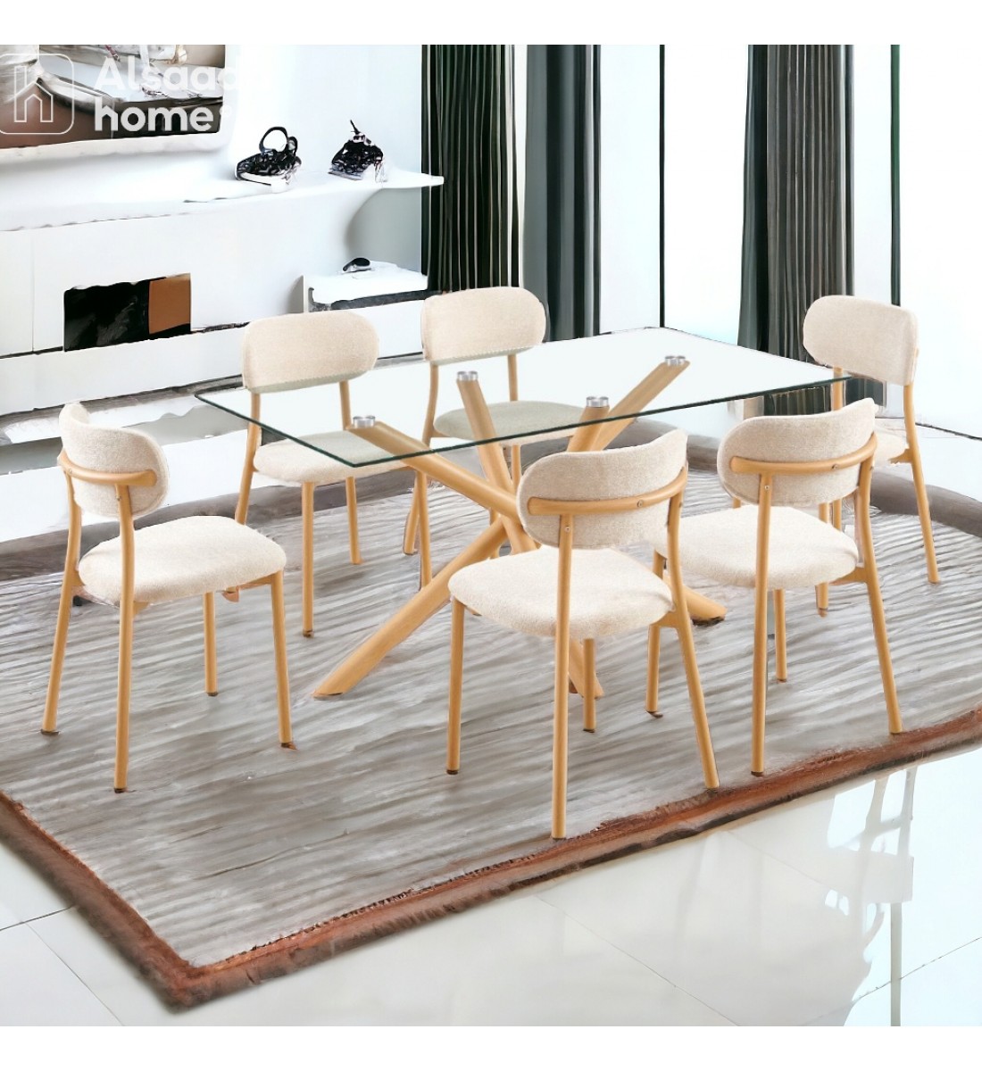 طاولة طعام سطح زجاج - 6 كرسي - بيج طاولة طعام سطح زجاج - 6 كرسي - بيج