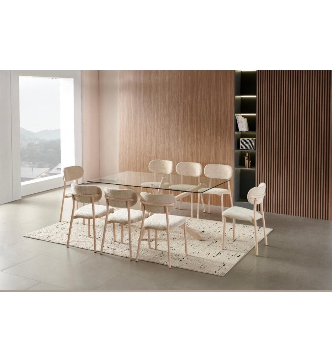 طاولة طعام  سطح زجاج - 8 كرسي - بيج