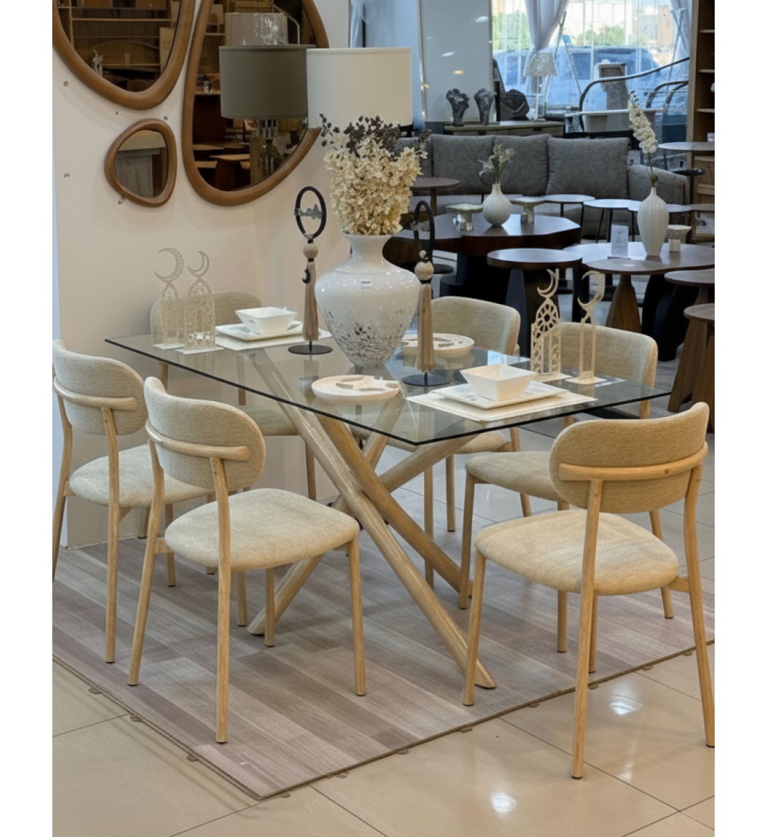 طاولة طعام  سطح زجاج - 8 كرسي - بيج