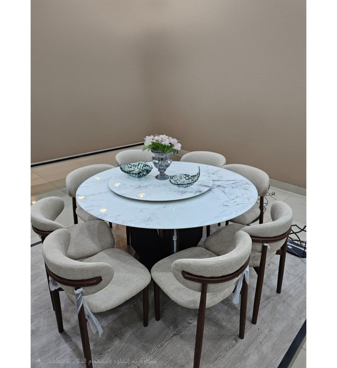 طاولة طعام طعام أنيق يجمع بين الحداثة والفخامة شكل دائري سطح الطاولة: مصنوع من الرخام مع 8 كراسي طاولة طعام طعام أنيق يجمع بين الحداثة والفخامة شكل دائري سطح الطاولة: مصنوع من الرخام مع 8 كراسي