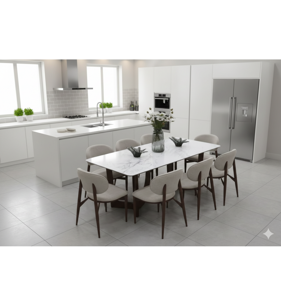 طاولة طعام طعام أنيق يجمع بين الحداثة والفخامة سطح الطاولة: مصنوع من الرخام مع 8 كراسي طاولة طعام طعام أنيق يجمع بين الحداثة والفخامة سطح الطاولة: مصنوع من الرخام مع 8 كراسي