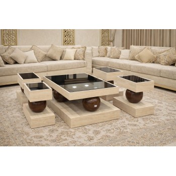 طقم طاولات قهوة عصري بتصميم فاخر، يتكوّن من طاولة وسط مع أربع طاولات جانبية 5قطع 