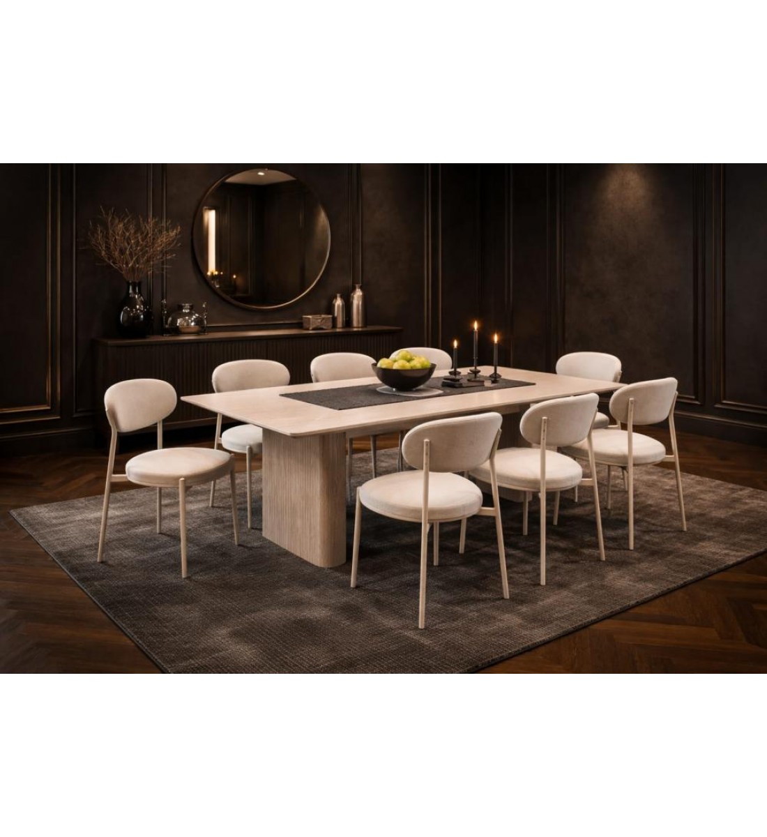 طاولة طعام أنيق يجمع بين الحداثة والفخامة  خشب تصميم عصري مع 8 كراسي بيج 