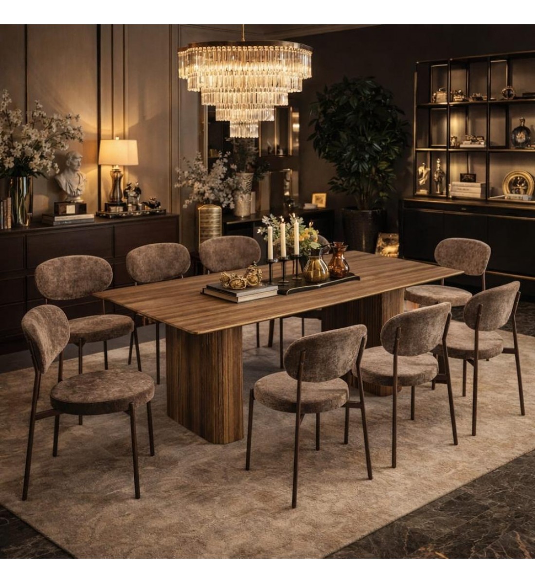 طاولة طعام أنيق يجمع بين الحداثة والفخامة خشب تصميم عصري مع 10 كراسي بني طاولة طعام أنيق يجمع بين الحداثة والفخامة خشب تصميم عصري مع 10 كراسي بني
