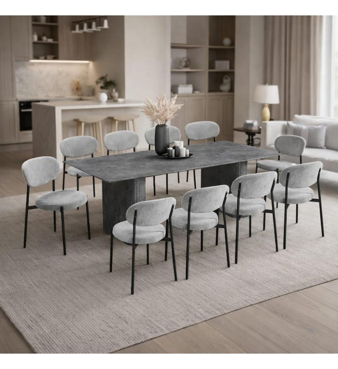 طاولة طعام أنيق يجمع بين الحداثة والفخامة  خشب تصميم عصري مع 10 كراسي رمادي 