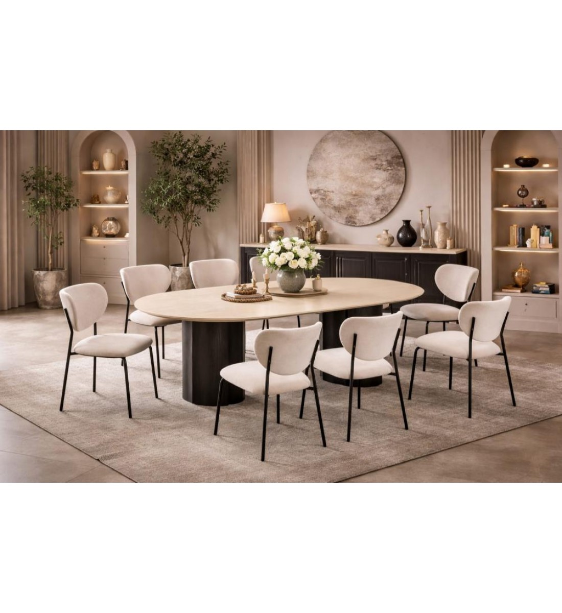 طاولة طعام أنيق يجمع بين الحداثة والفخامة  خشب تصميم عصري مع 8 كراسي بيج 