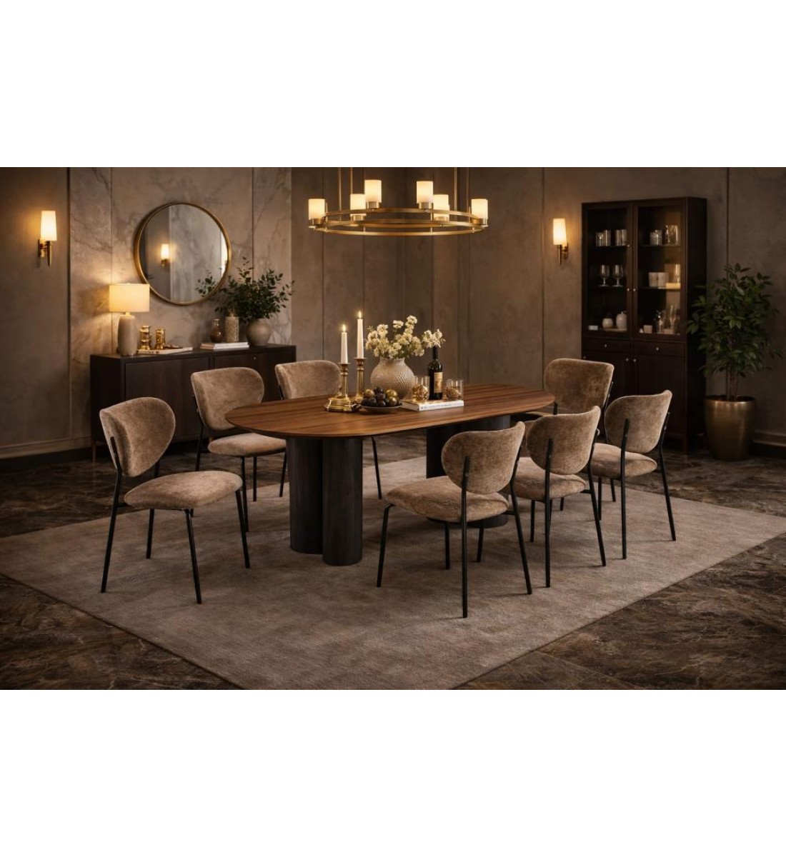 طاولة طعام أنيق يجمع بين الحداثة والفخامة  خشب تصميم عصري مع 8 كراسي بني 