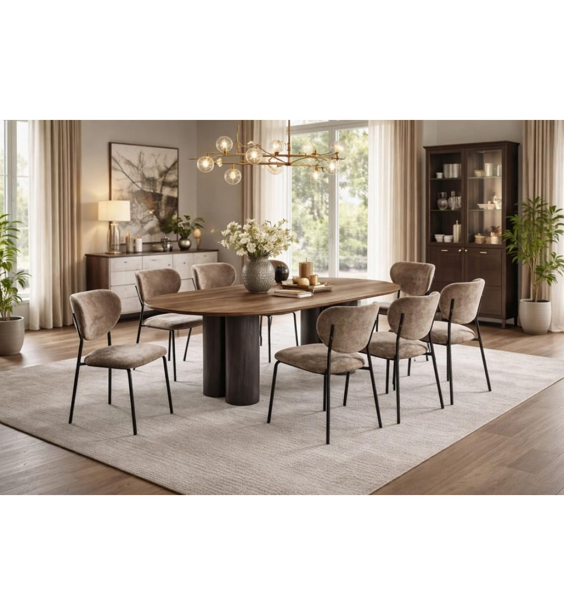 طاولة طعام أنيق يجمع بين الحداثة والفخامة  خشب تصميم عصري مع 8 كراسي بني 