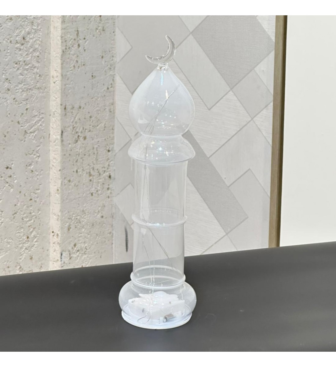 قطعة ديكور أنيقة مصنوعة من زجاج شفاف عالي الجودة، بتصميم مستوحى من المآذن الإسلامية، 37×10×10سم 