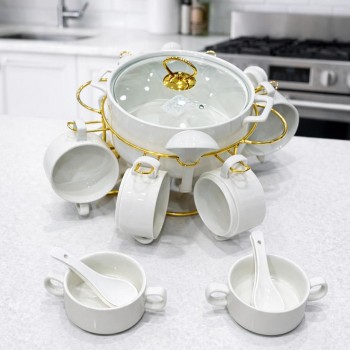 سخان بوفية صحن تقديم سيراميك لتسخين الطعام مزود بغطاء بتصميم فريد  16قطعه