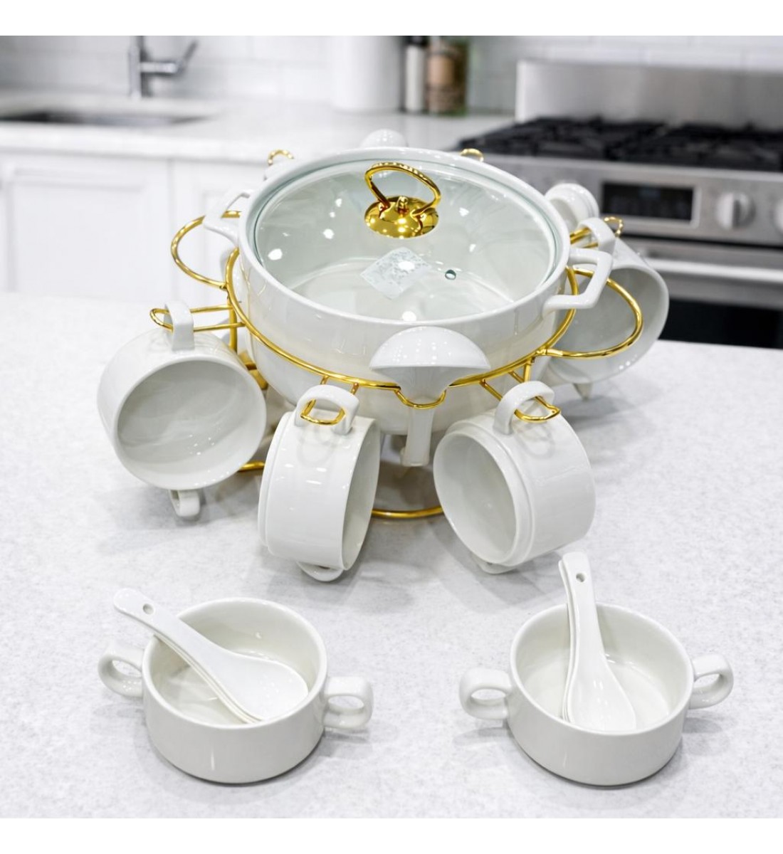 سخان بوفية صحن تقديم سيراميك لتسخين الطعام مزود بغطاء بتصميم فريد  16قطعه