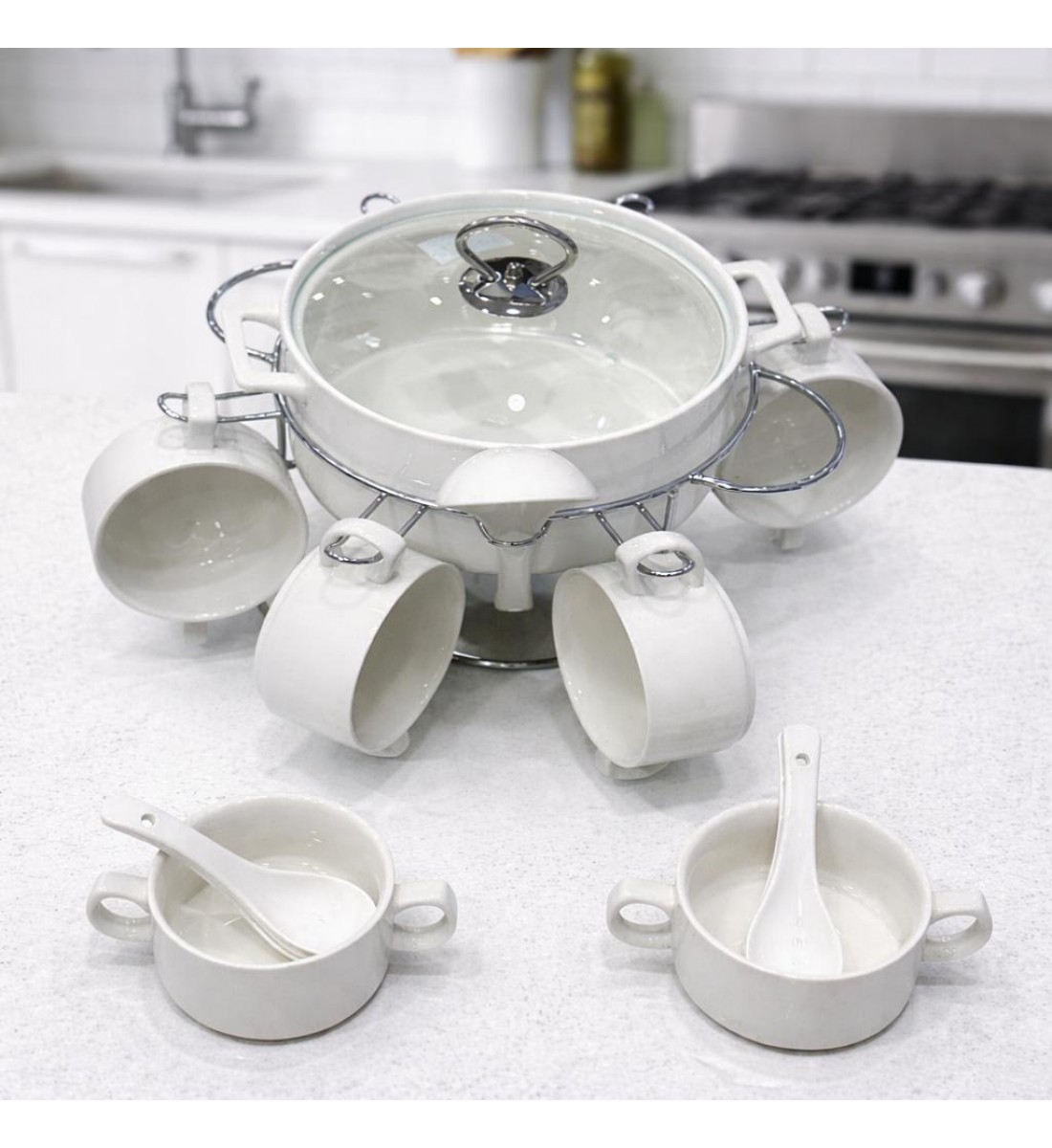 سخان بوفية صحن تقديم سيراميك لتسخين الطعام مزود بغطاء بتصميم فريد  16قطعه