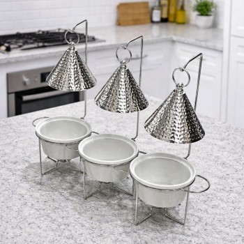 سخان طعام للبوفيه بورسلان ابيض مع حامل وغطاء معدن فضي ثلاثي علاقي