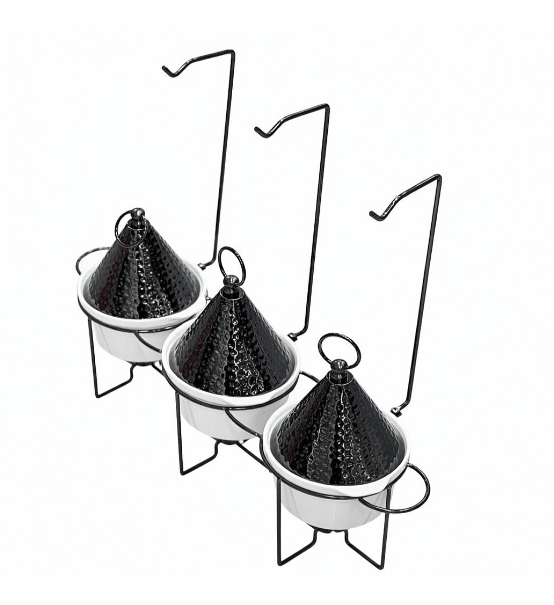 سخان طعام للبوفيه بورسلان ابيض مع حامل وغطاء معدن اسود ثلاثي علاقي