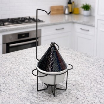 سخان طعام للبوفيه بورسلان ابيض مع حامل وغطاء معدن اسود علاقي