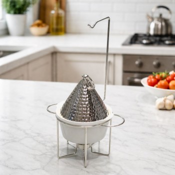 سخان طعام للبوفيه بورسلان ابيض مع حامل وغطاء معدن فضي علاقي