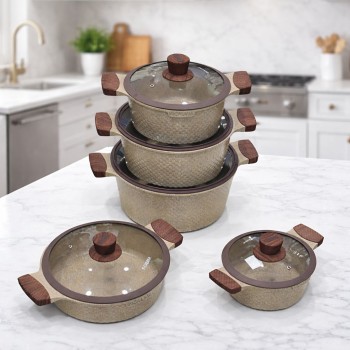  طقم قدور طبخ فاخر بتصميم أنيق يجمع بين الجمال والعملية، مصنوع من مواد عالية الجودة بلمسة حجرية مميزة تمنح توزيعًا متوازنًا للحرارة 10قطع 