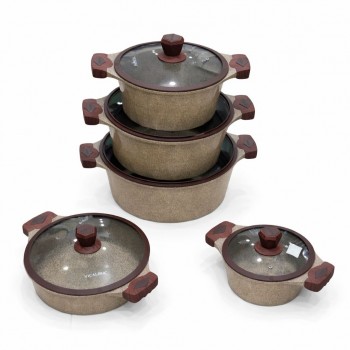  طقم قدور طبخ فاخر بتصميم أنيق يجمع بين الجمال والعملية، مصنوع من مواد عالية الجودة بلمسة حجرية مميزة تمنح توزيعًا متوازنًا للحرارة 10قطع 