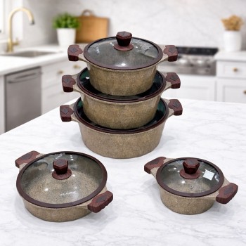  طقم قدور طبخ فاخر بتصميم أنيق يجمع بين الجمال والعملية، مصنوع من مواد عالية الجودة بلمسة حجرية مميزة تمنح توزيعًا متوازنًا للحرارة 10قطع 