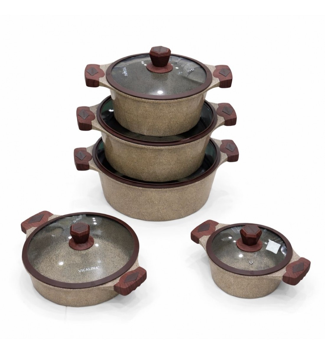 طقم قدور طبخ فاخر بتصميم أنيق يجمع بين الجمال والعملية، مصنوع من مواد عالية الجودة بلمسة حجرية مميزة تمنح توزيعًا متوازنًا للحرارة 10قطع طقم قدور طبخ فاخر بتصميم أنيق يجمع بين الجمال والعملية، مصنوع من مواد عالية الجودة بلمسة حجرية مميزة تمنح توزيعًا متوازنًا للحرارة 10قطع
