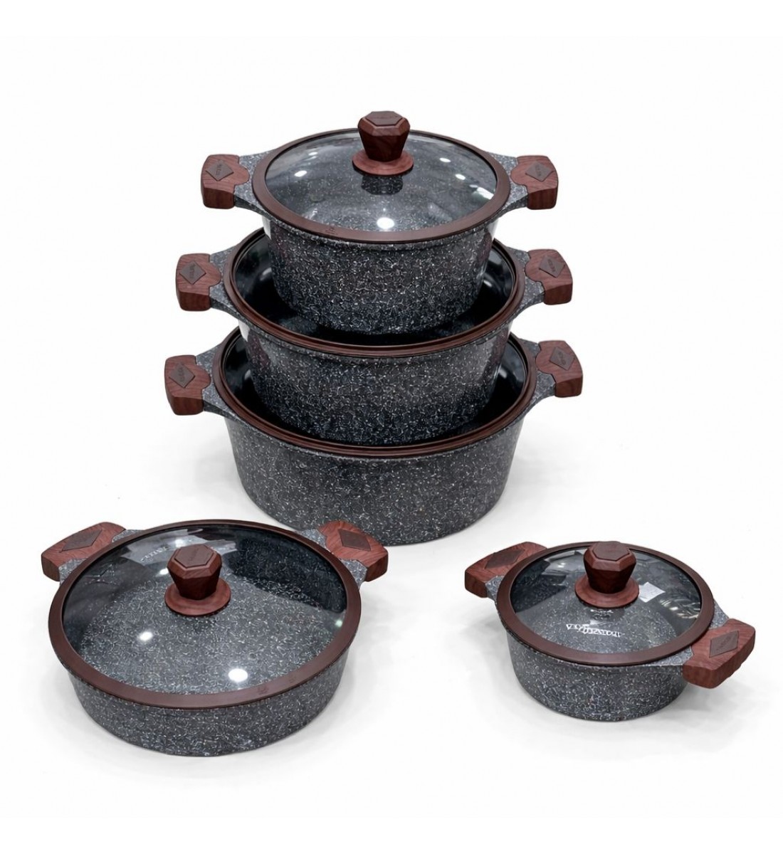 طقم قدور طبخ فاخر بتصميم أنيق يجمع بين الجمال والعملية، مصنوع من مواد عالية الجودة بلمسة حجرية مميزة تمنح توزيعًا متوازنًا للحرارة 10قطع طقم قدور طبخ فاخر بتصميم أنيق يجمع بين الجمال والعملية، مصنوع من مواد عالية الجودة بلمسة حجرية مميزة تمنح توزيعًا متوازنًا للحرارة 10قطع